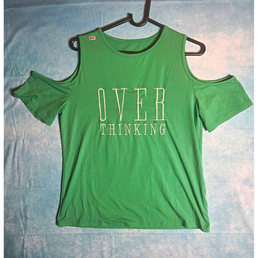 SHEIN Women's Green Cold Shoulder Short Sleeve Embroidered T-Shirt Size L